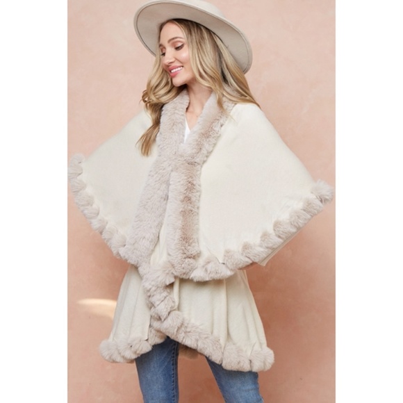 SOLD OUT Ivory Solid Faux Fur Trimmed Knit Sweater Cape Poncho Shawl Cardigan - Picture 2 of 5